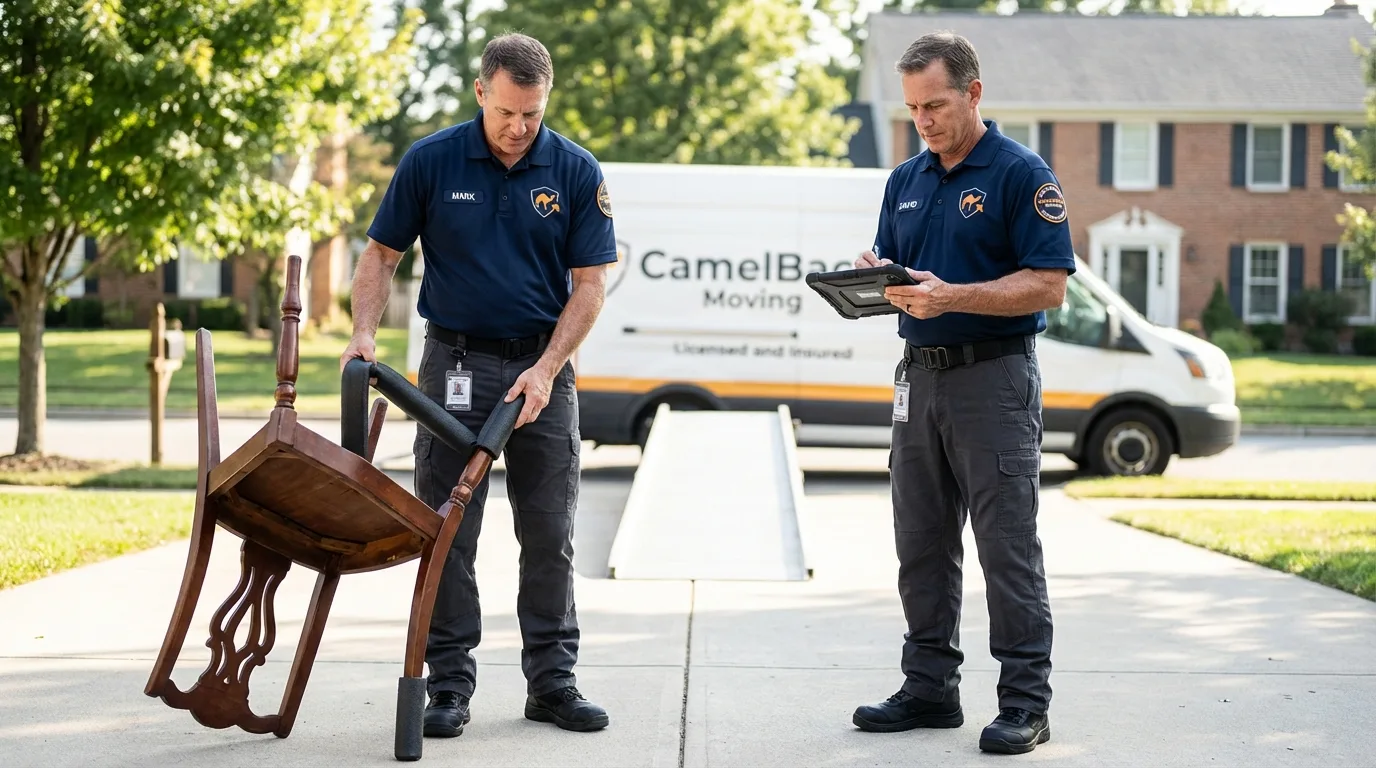 Movers inspecting furniture for damage prevention before loading in Clover, SC